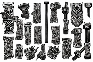 Thor in one hand holding a hammer up and in the other hand holding a sword tattoo idea