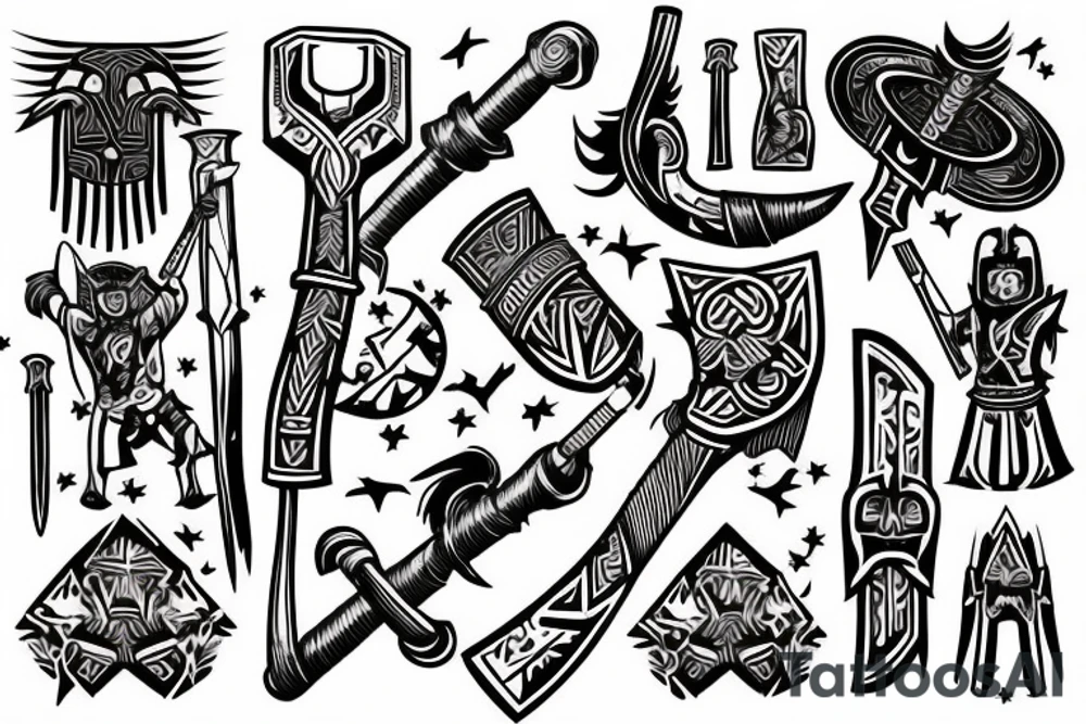 Thor in one hand holding a hammer up and in the other hand holding a sword tattoo idea