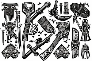 Thor in one hand holding a hammer up and in the other hand holding a sword tattoo idea