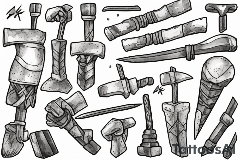 Thor in one hand holding a hammer up and in the other hand holding a sword tattoo idea
