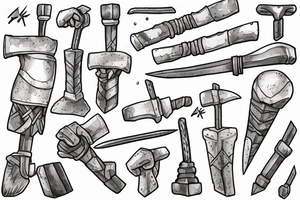 Thor in one hand holding a hammer up and in the other hand holding a sword tattoo idea