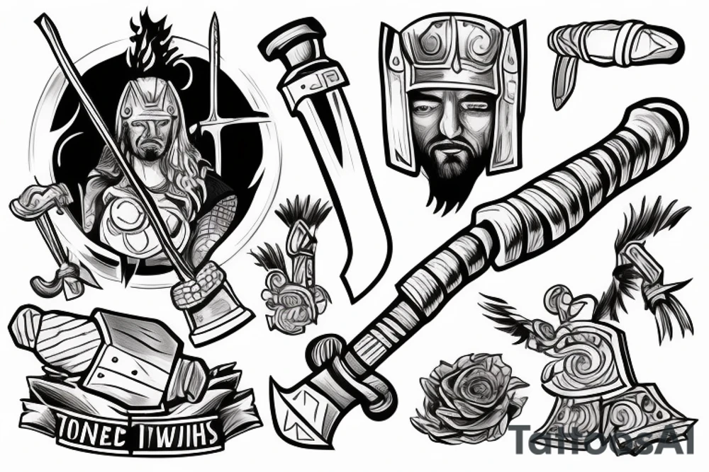 Thor in one hand holding a hammer up and in the other hand holding a sword tattoo idea