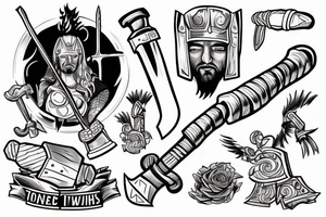 Thor in one hand holding a hammer up and in the other hand holding a sword tattoo idea
