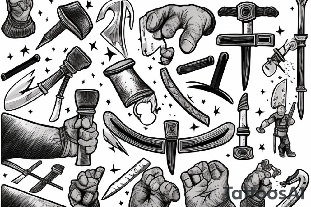 Thor in one hand holding a hammer up and in the other hand holding a sword tattoo idea