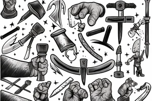 Thor in one hand holding a hammer up and in the other hand holding a sword tattoo idea