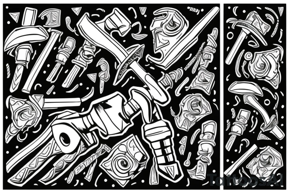 Thor in one hand holding a hammer up and in the other hand holding a sword tattoo idea