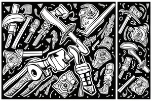 Thor in one hand holding a hammer up and in the other hand holding a sword tattoo idea