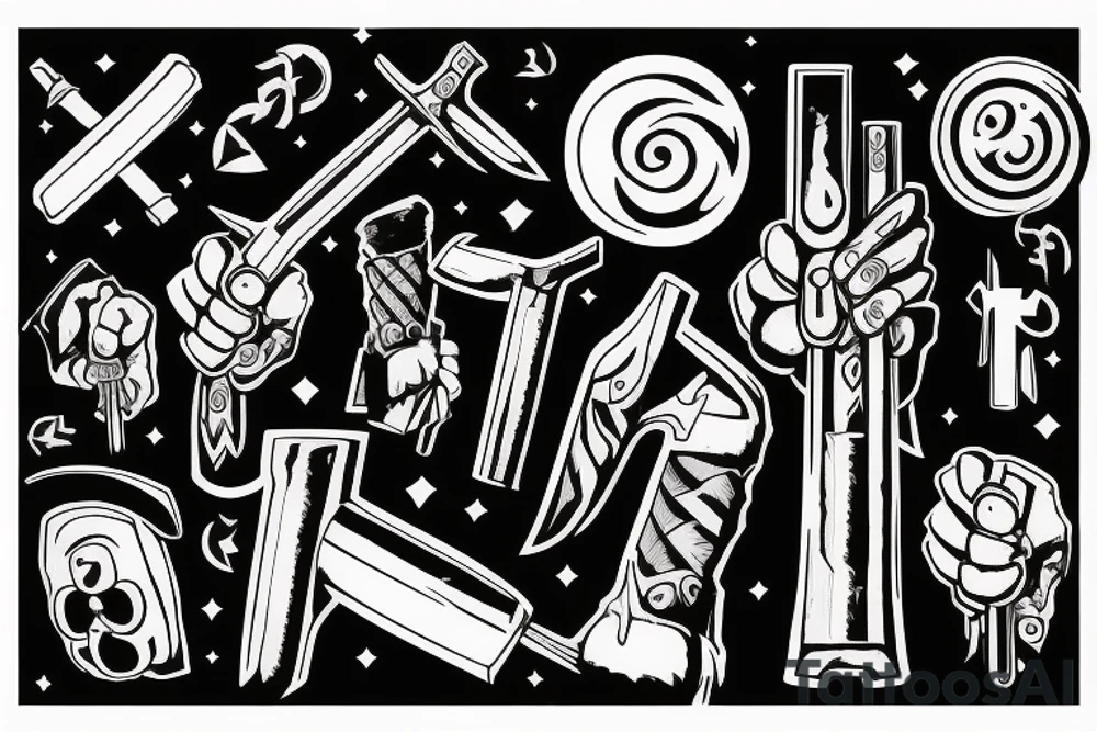 Thor in one hand holding a hammer up and in the other hand holding a sword tattoo idea
