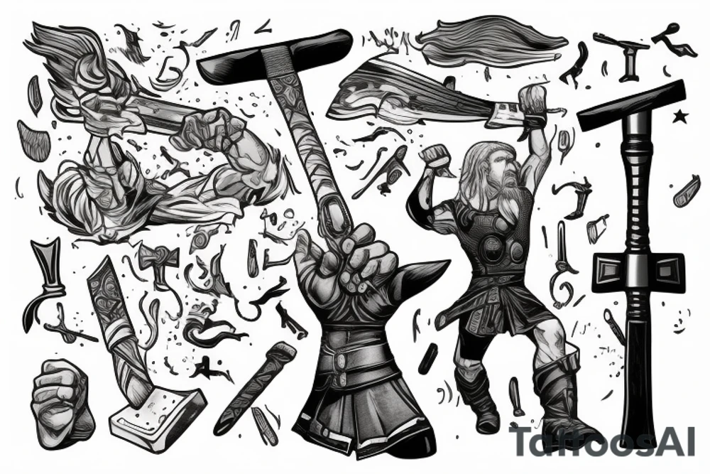Thor in one hand holding a hammer up and in the other hand holding a sword tattoo idea