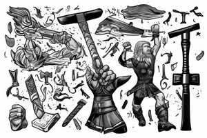 Thor in one hand holding a hammer up and in the other hand holding a sword tattoo idea