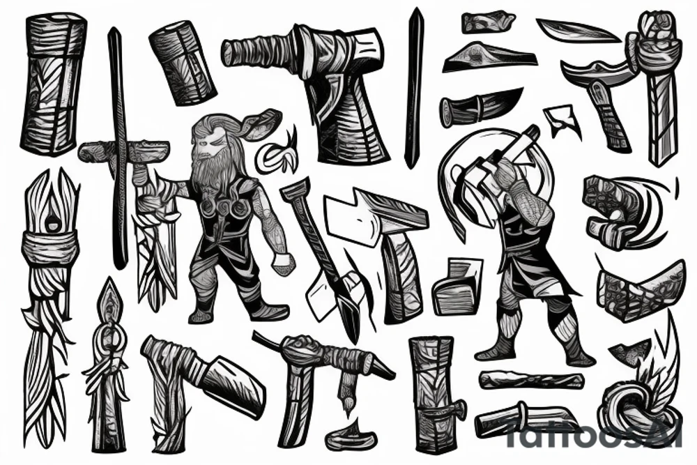Thor in one hand holding a hammer and in the other hand holding a sword tattoo idea