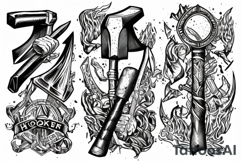 Thor in one hand holding a hammer and in the other hand holding a sword tattoo idea