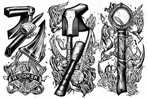 Thor in one hand holding a hammer and in the other hand holding a sword tattoo idea