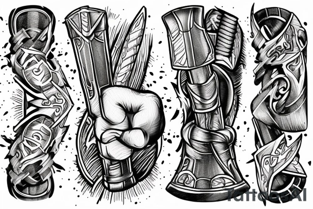 Thor in one hand holding a hammer and in the other hand holding a sword tattoo idea