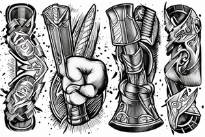 Thor in one hand holding a hammer and in the other hand holding a sword tattoo idea