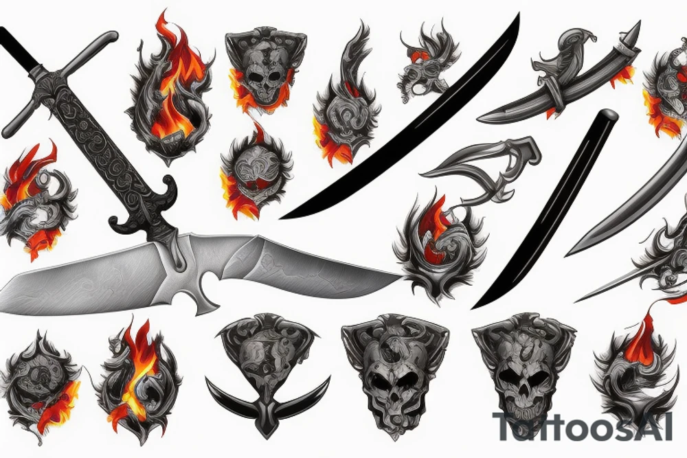 sword surrounded by flames tattoo idea
