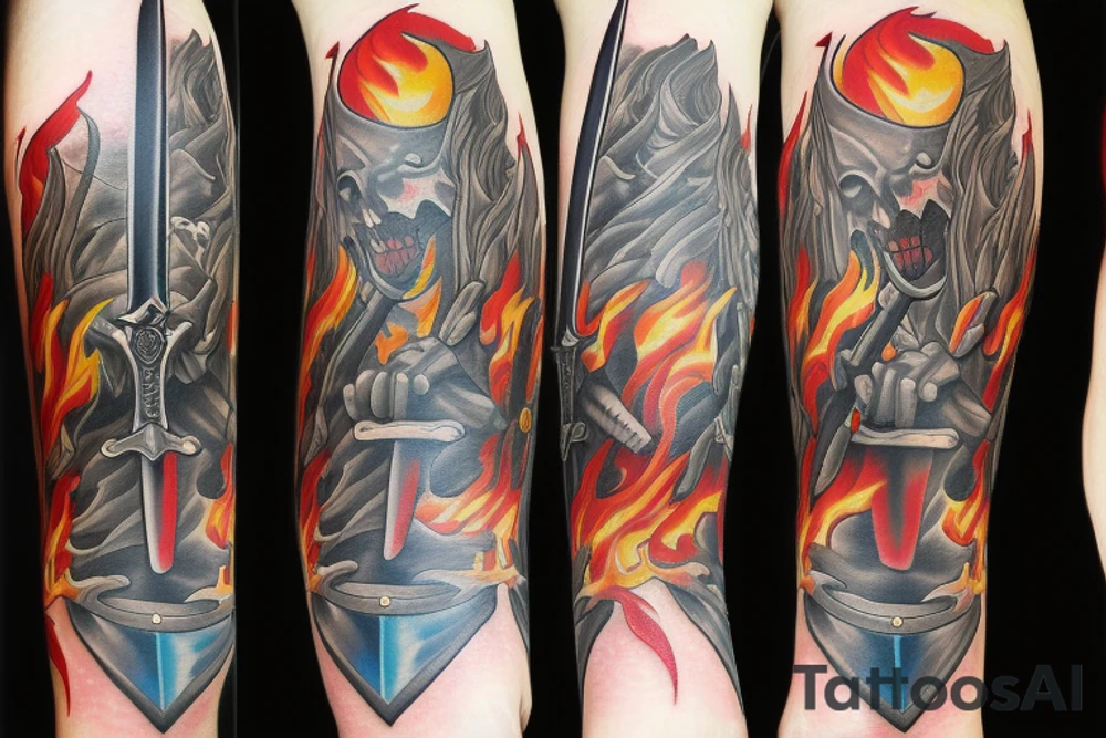 sword surrounded by flames tattoo idea