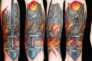 sword surrounded by flames tattoo idea