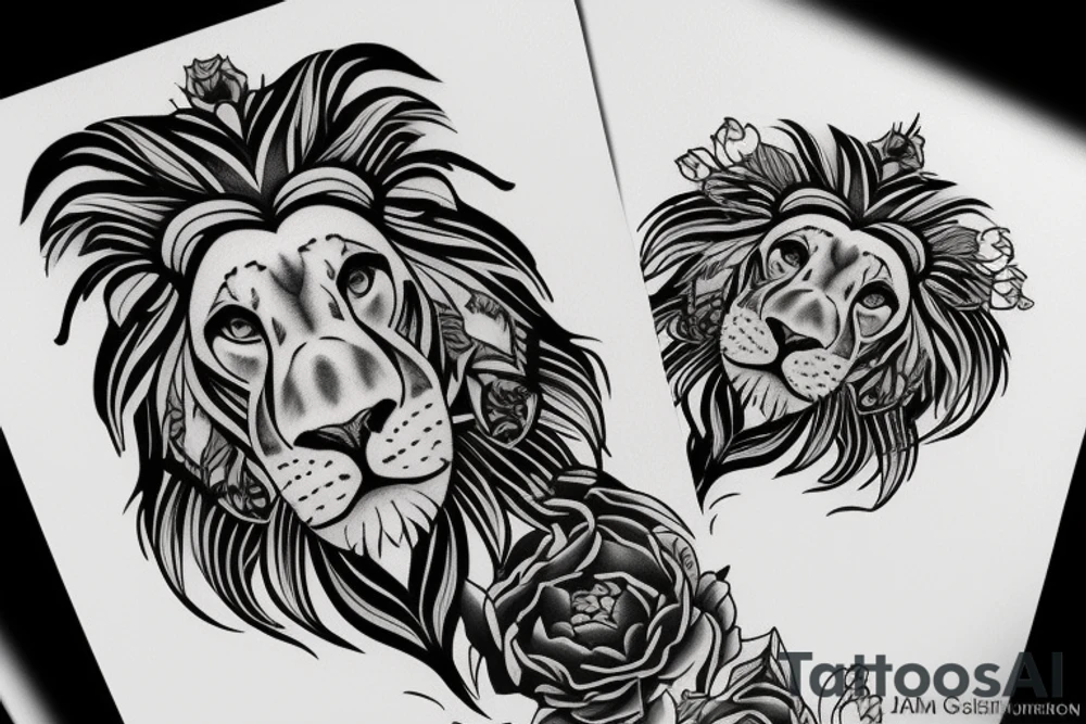 peonies lion tattoo idea
