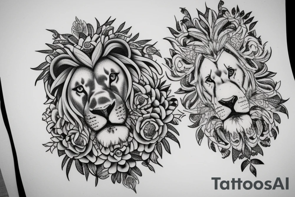 peonies lion tattoo idea