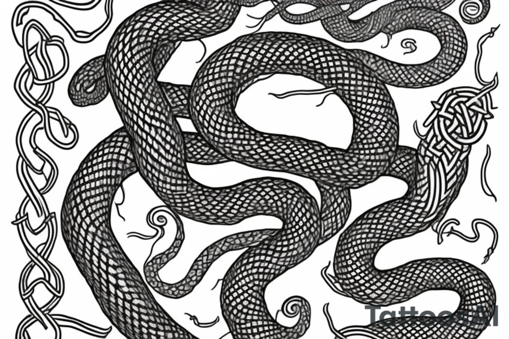 Old Norse rune stone art inspired. Jormungandr, large interlocking snake or lindwyrm in a knotted design for an arm sleeve tattoo idea