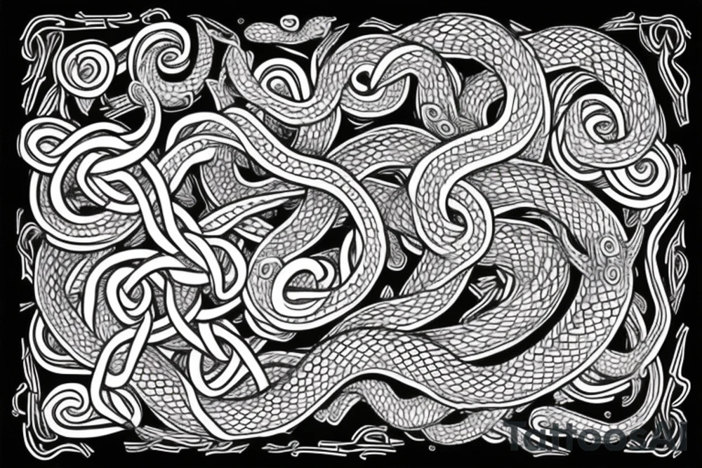 Old Norse rune stone art inspired. Jormungandr, large interlocking snake or lindwyrm in a knotted design for an arm sleeve tattoo idea