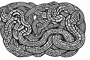 Old Norse rune stone art inspired. Jormungandr, large interlocking snake or lindwyrm in a knotted design for an arm sleeve. Abstract, looks like a stone carving. Viking aesthetic tattoo idea
