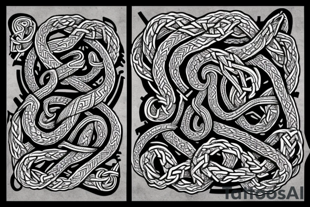 Old Norse rune stone art inspired. Jormungandr, large interlocking snake or lindwyrm in a knotted design for an arm sleeve. Abstract, looks like a stone carving. Viking aesthetic tattoo idea