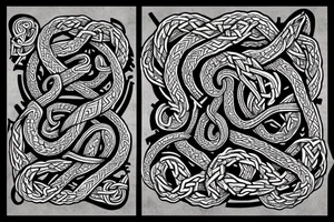 Old Norse rune stone art inspired. Jormungandr, large interlocking snake or lindwyrm in a knotted design for an arm sleeve. Abstract, looks like a stone carving. Viking aesthetic tattoo idea