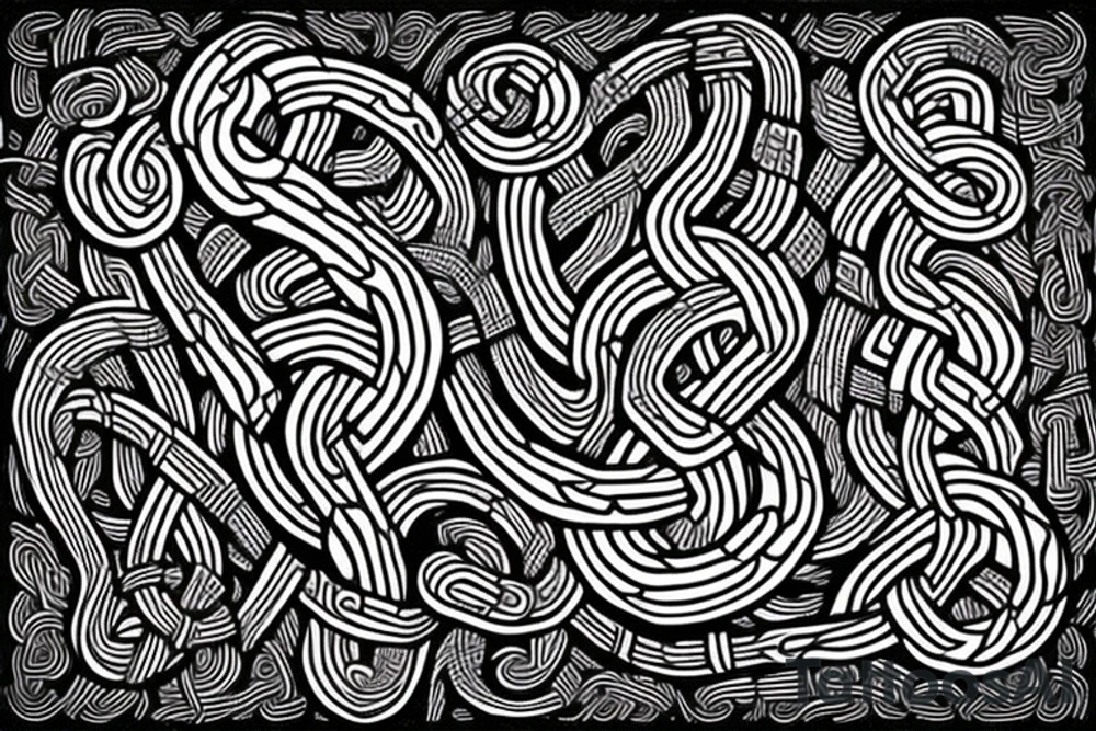 Old Norse rune stone art inspired. Jormungandr, large interlocking lindwyrm in a knotted design for an arm sleeve. Abstract, looks like a stone carving. Viking aesthetic tattoo idea