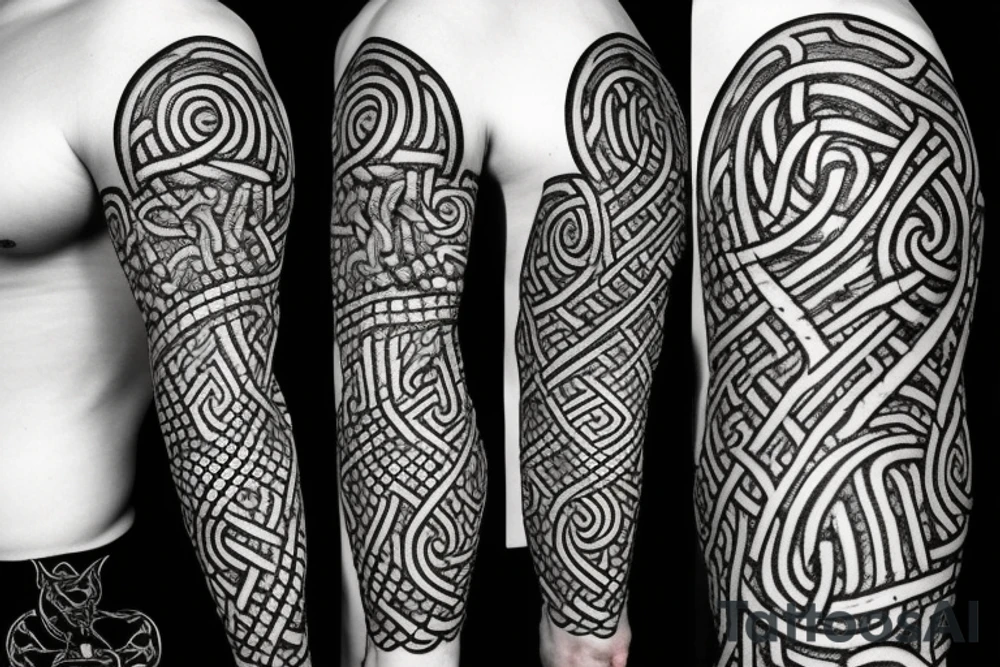 Old Norse rune stone art inspired. Jormungandr, large interlocking lindwyrm in a knotted design for an arm sleeve. Abstract, looks like a stone carving. Viking aesthetic tattoo idea