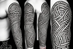 Old Norse rune stone art inspired. Jormungandr, large interlocking lindwyrm in a knotted design for an arm sleeve. Abstract, looks like a stone carving. Viking aesthetic tattoo idea