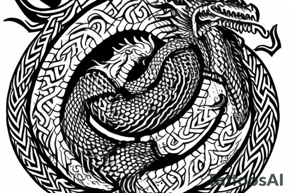 Viking ship dragon head mixed with jormundandr runestone carving. Arm sleeve tattoo idea
