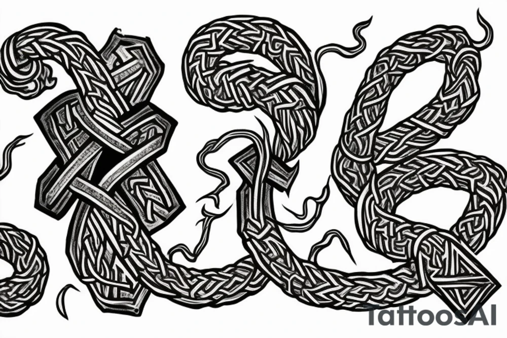 Old Norse artwork inspired. Semi-abstract rune stone carving of jormungandr in knots biting his tail for an arm sleeve tattoo idea