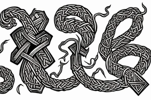 Old Norse artwork inspired. Semi-abstract rune stone carving of jormungandr in knots biting his tail for an arm sleeve tattoo idea