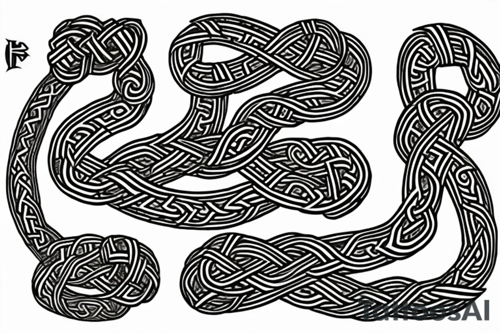 Old Norse artwork inspired. Semi-abstract rune stone carving of jormungandr in knots biting his tail for an arm sleeve tattoo idea