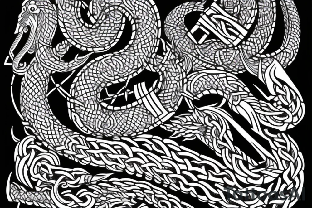 Oseberg style Viking ship carving of sea serpent c.800 arm sleeve tattoo idea