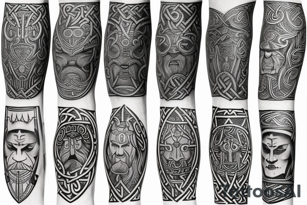 Oseberg style Viking stone carving arm sleeve tattoo idea