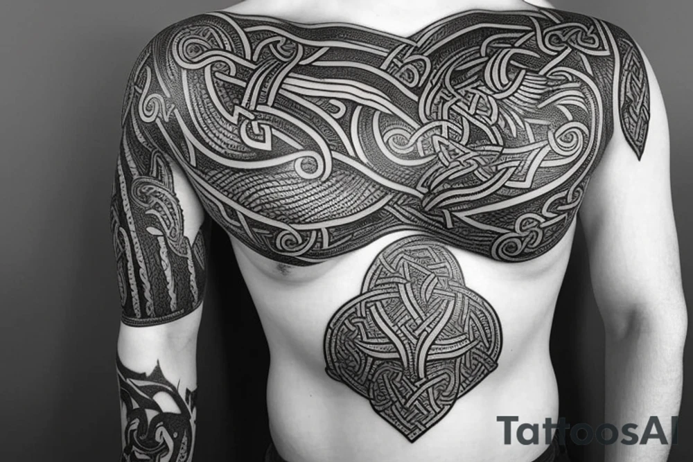 Oseberg style Viking stone carving arm sleeve into chest piece, sea serpent tattoo idea