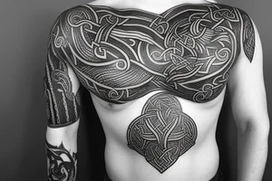 Oseberg style Viking stone carving arm sleeve into chest piece, sea serpent tattoo idea