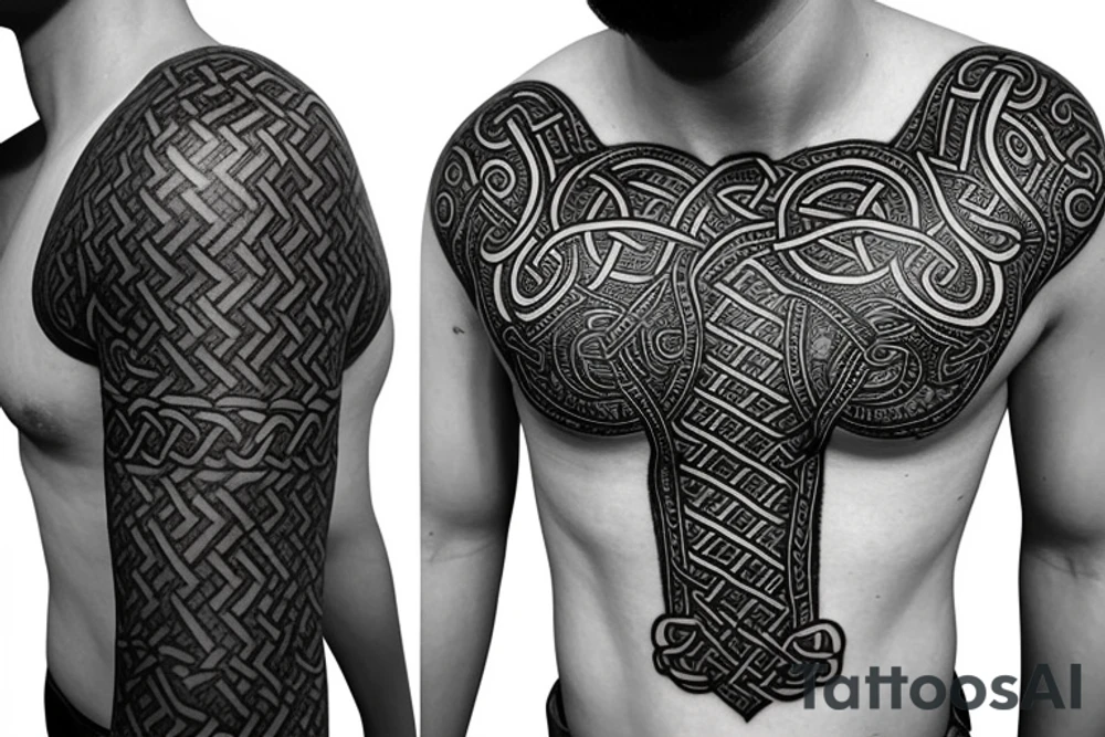 Oseberg style Viking stone carving arm sleeve into chest piece, sea serpent tattoo idea