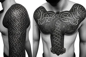 Oseberg style Viking stone carving arm sleeve into chest piece, sea serpent tattoo idea