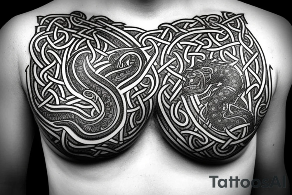 Oseberg style Viking stone carving arm sleeve into chest piece, sea serpent tattoo idea