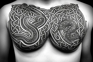 Oseberg style Viking stone carving arm sleeve into chest piece, sea serpent tattoo idea