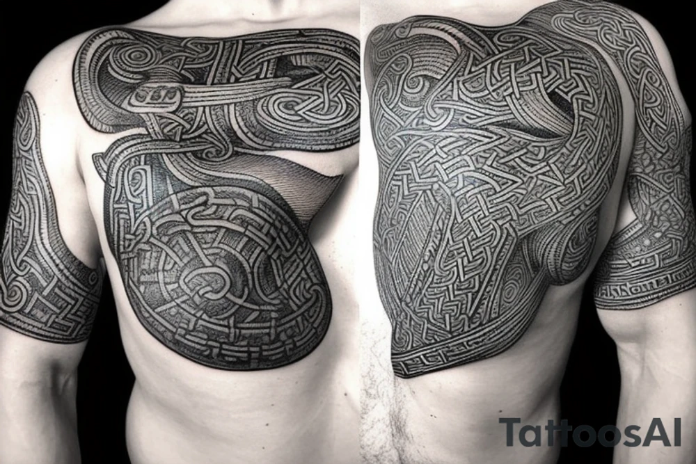 Oseberg style Viking stone carving arm sleeve into chest piece, sea serpent tattoo idea