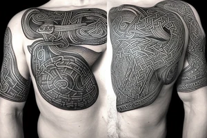 Oseberg style Viking stone carving arm sleeve into chest piece, sea serpent tattoo idea
