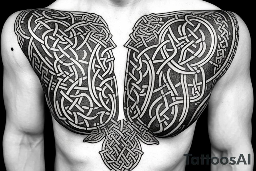 Oseberg style Viking stone carving arm sleeve into chest piece, sea serpent tattoo idea