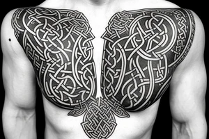 Oseberg style Viking stone carving arm sleeve into chest piece, sea serpent tattoo idea