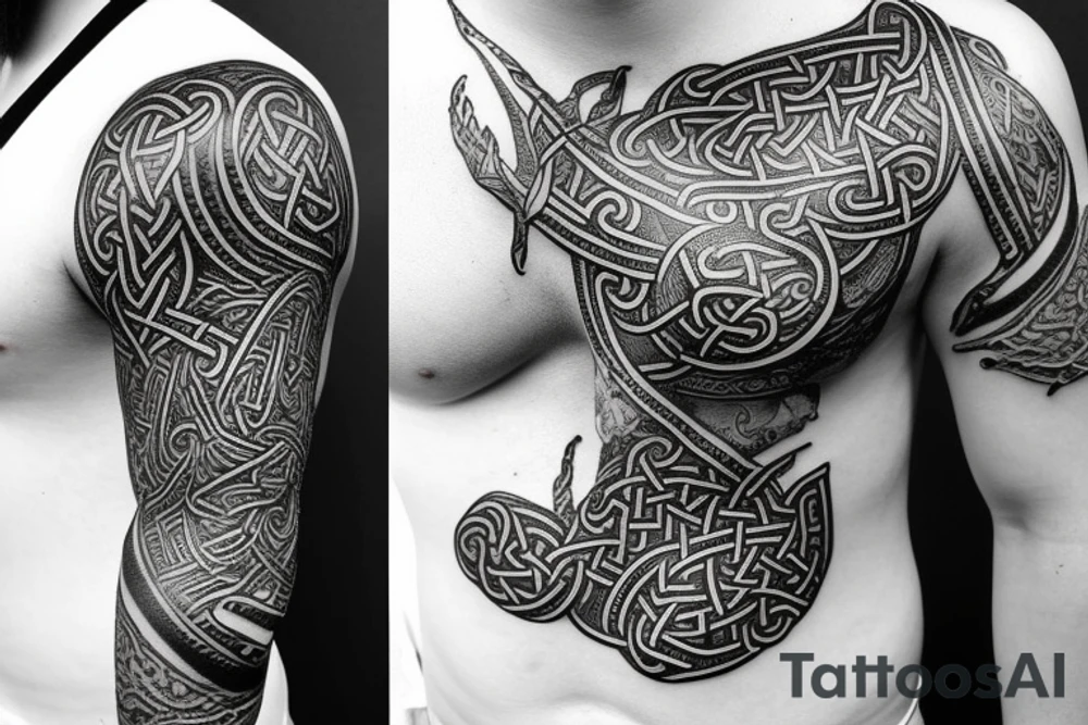 Oseberg style Viking stone carving arm sleeve into chest piece, sea serpent tattoo idea