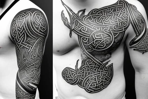 Oseberg style Viking stone carving arm sleeve into chest piece, sea serpent tattoo idea
